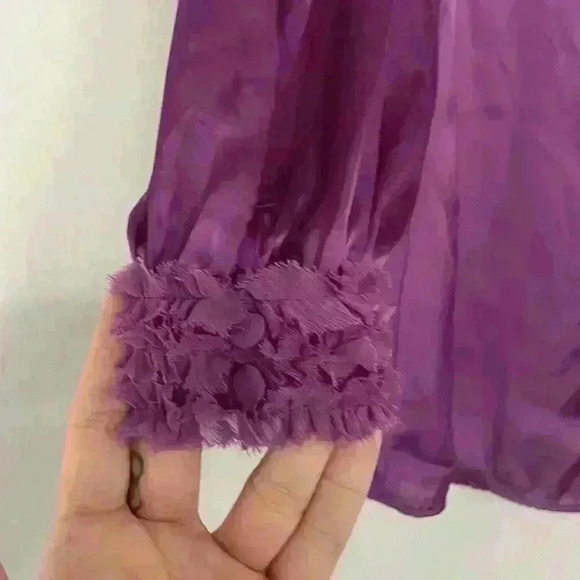 ZARA- Satin Purple long sleeve mock neck ruffles Blouse Sz XS NWOT - Picture 6 of 10